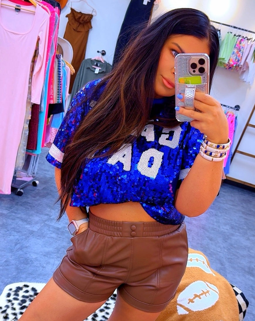 BLUE GAME DAY SEQUIN TOP