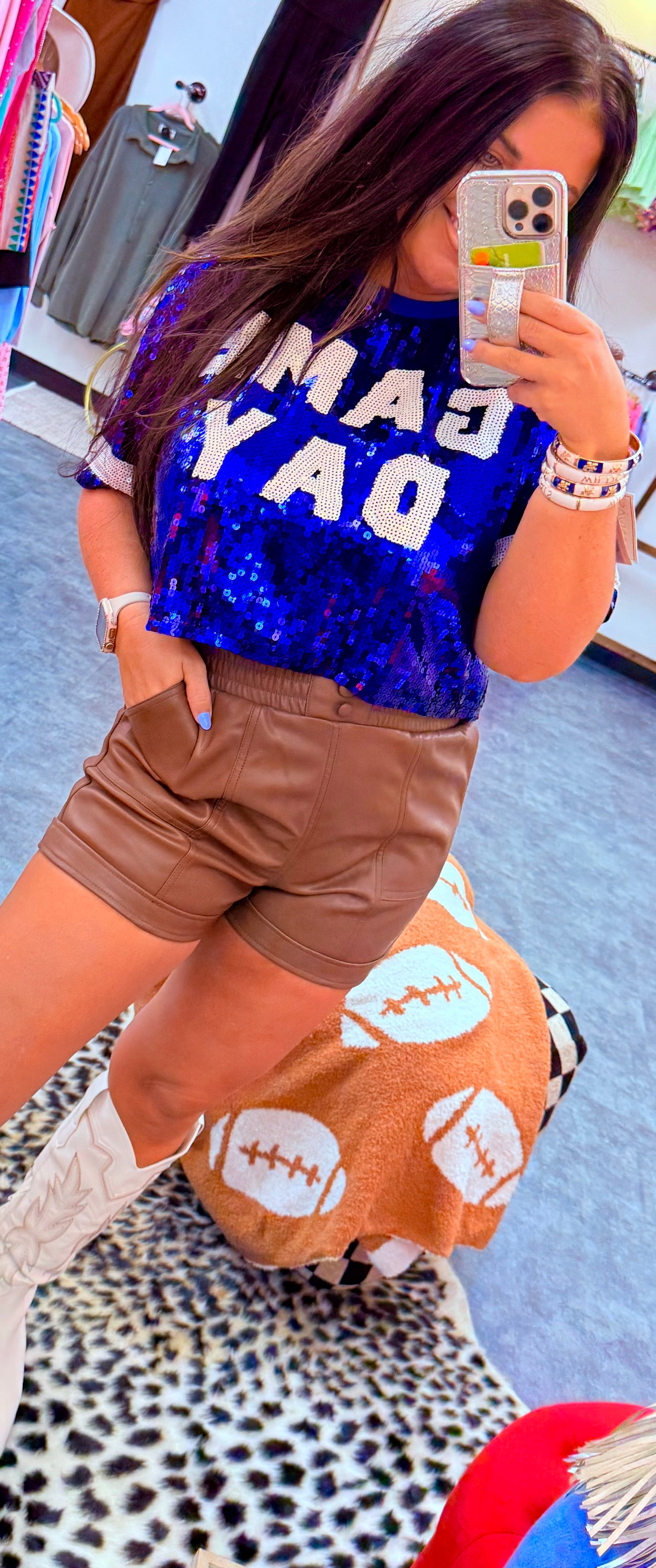 BLUE GAME DAY SEQUIN TOP