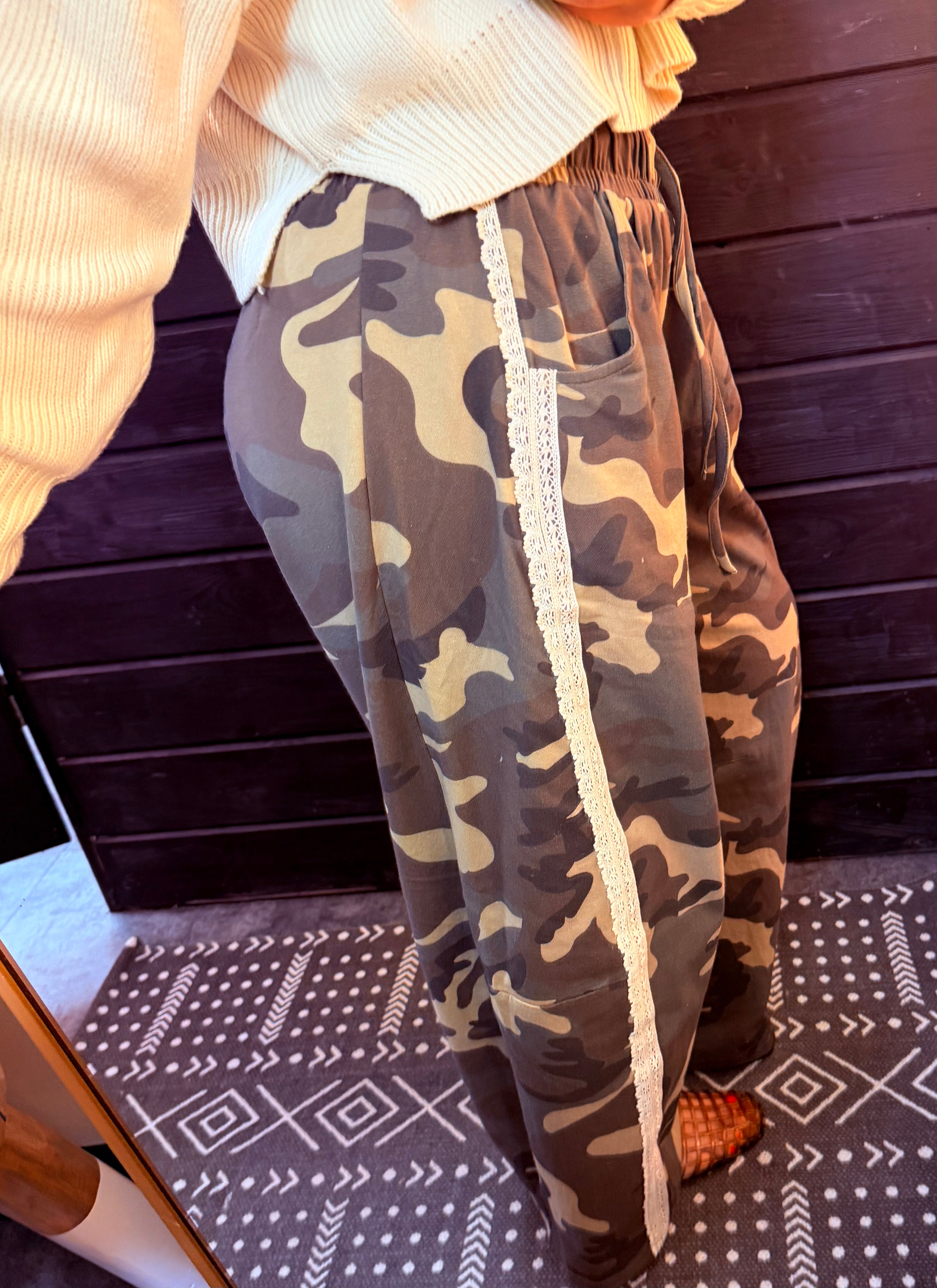 Camo & Lace Wide Leg Pants