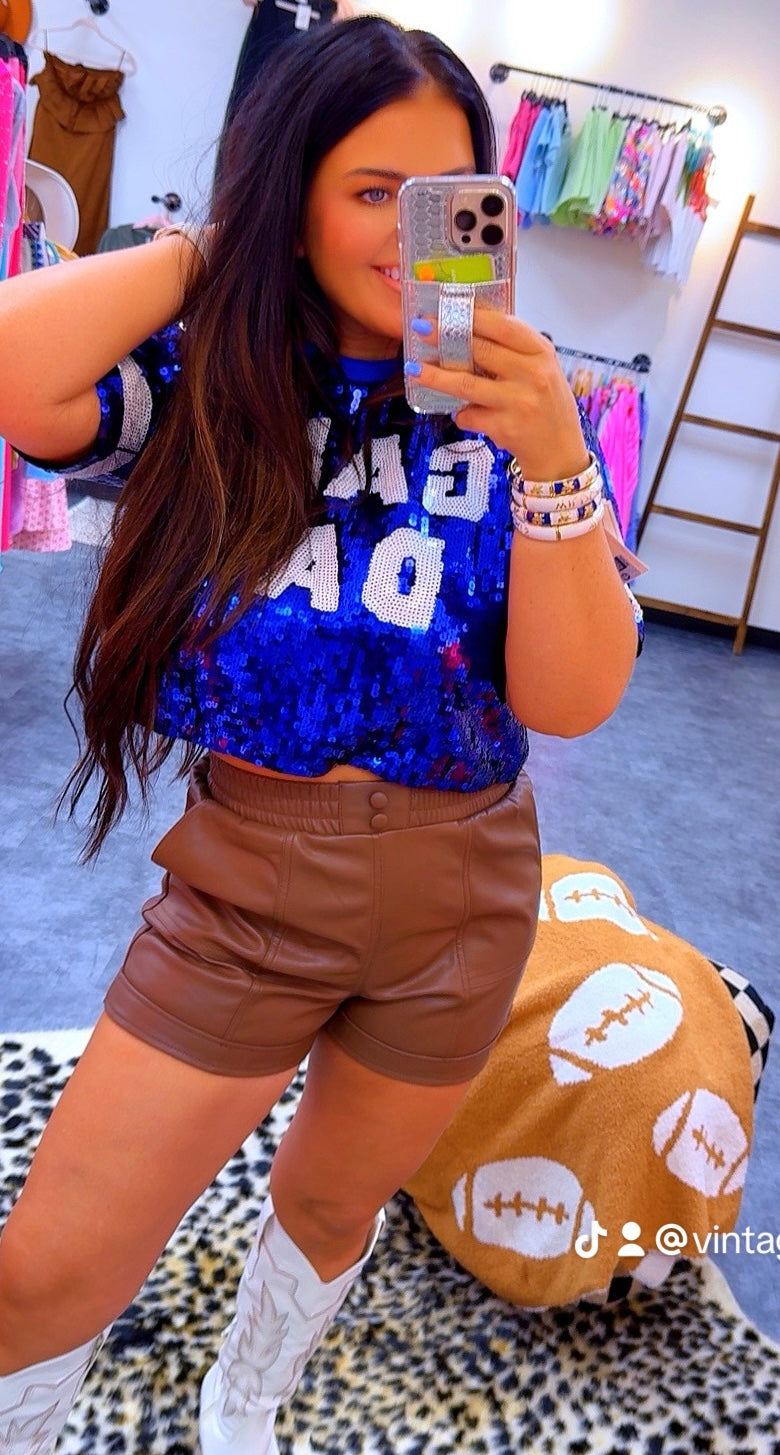 BLUE GAME DAY SEQUIN TOP