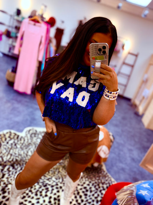 BLUE GAME DAY SEQUIN TOP