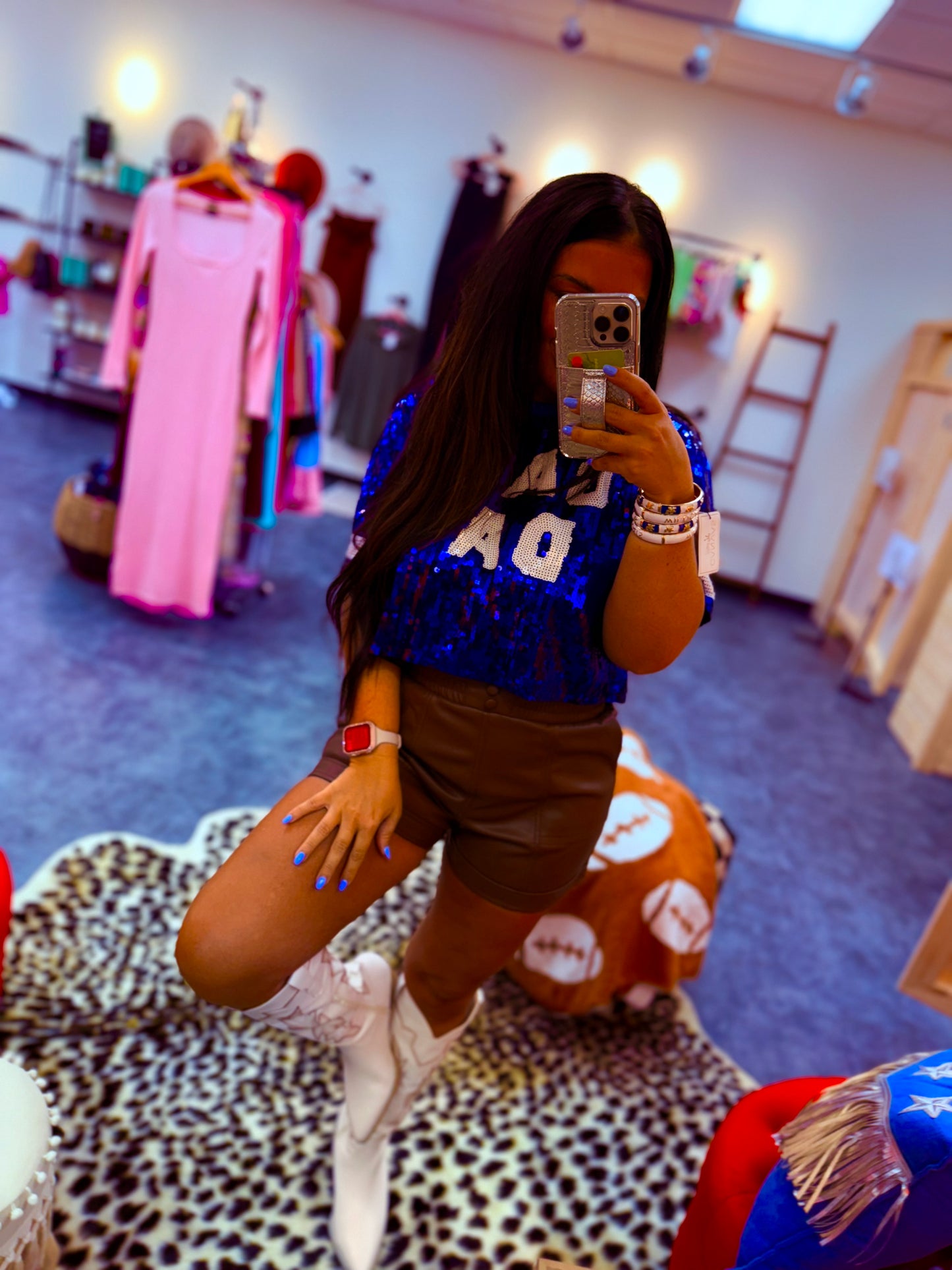 BLUE GAME DAY SEQUIN TOP