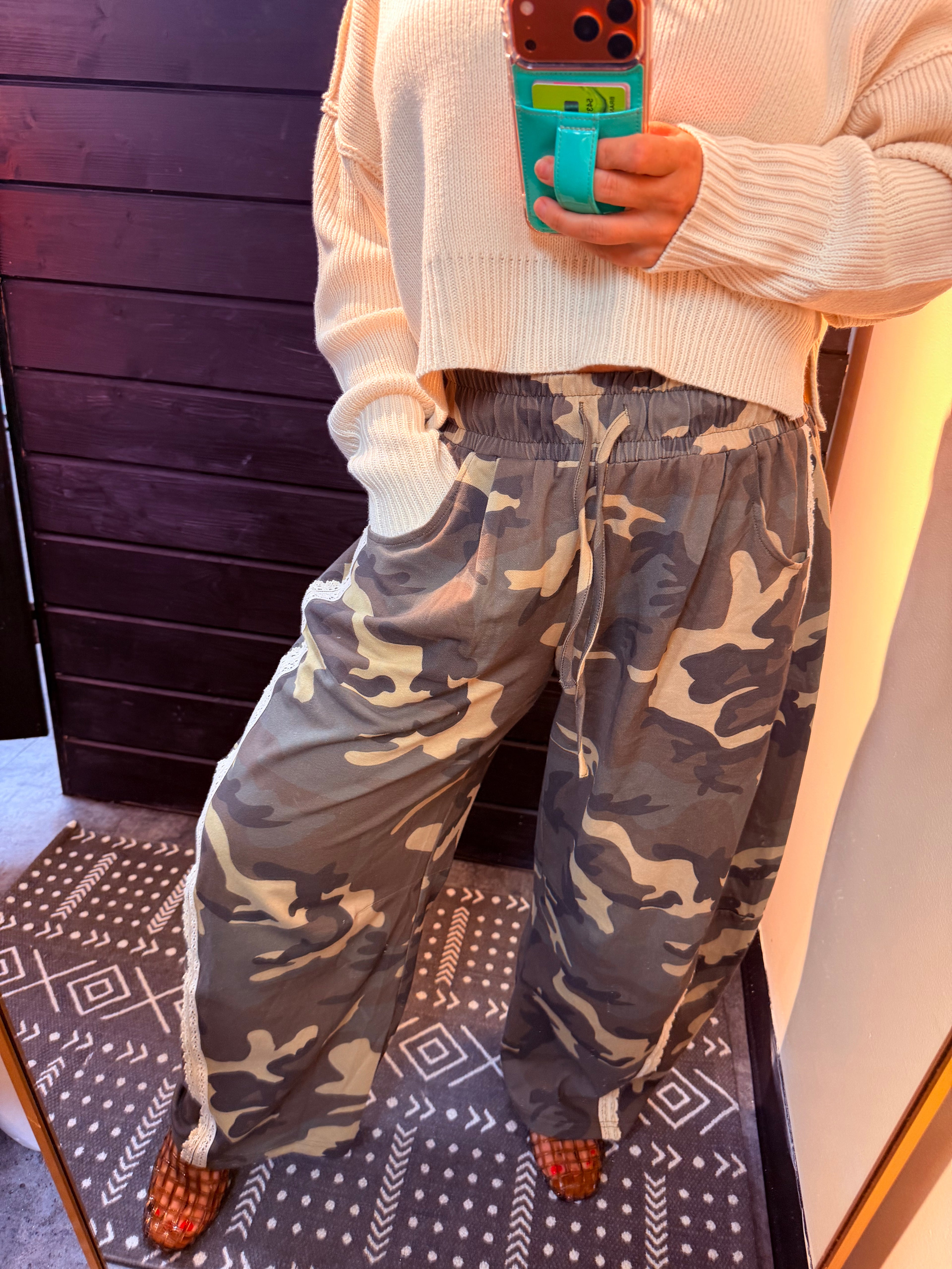 Camo & Lace Wide Leg Pants