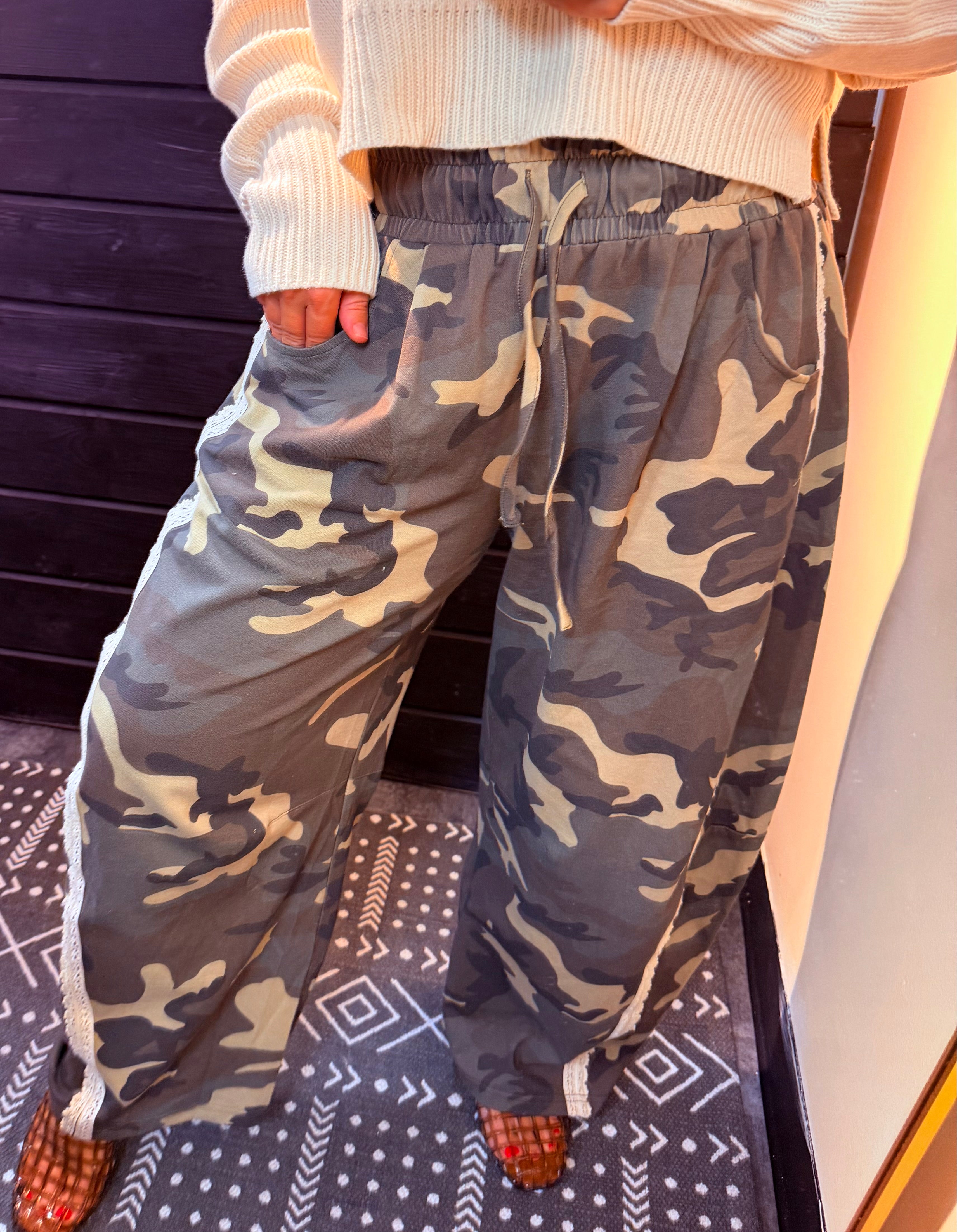 Camo & Lace Wide Leg Pants